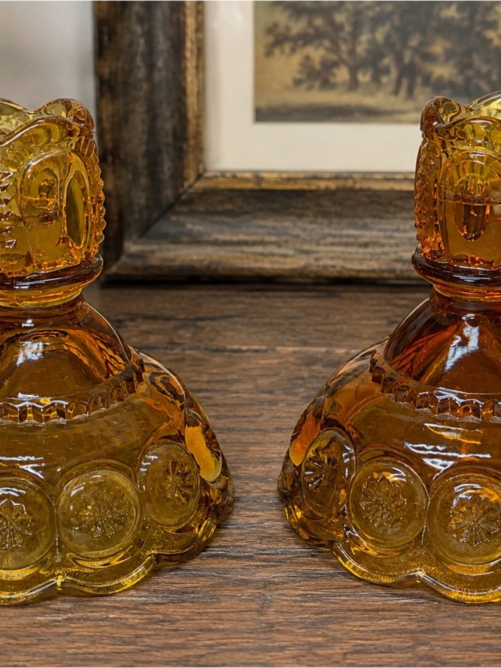 Pair Vintage Amber Glass Candle Holders Pressed Glass Daisy Button